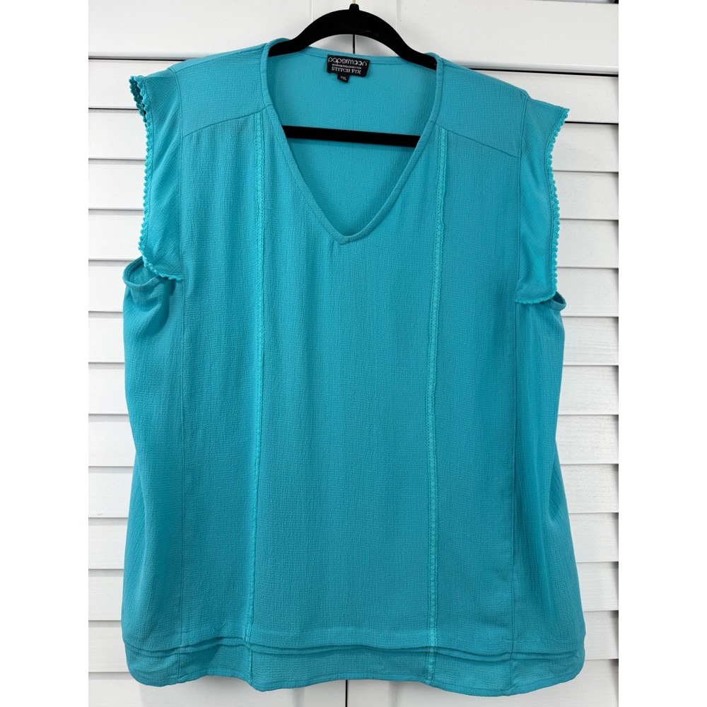 Papermoon Guadalupe Scallop Trim Blouse Womens XXL Teal V-Neck Sleeveless NEW